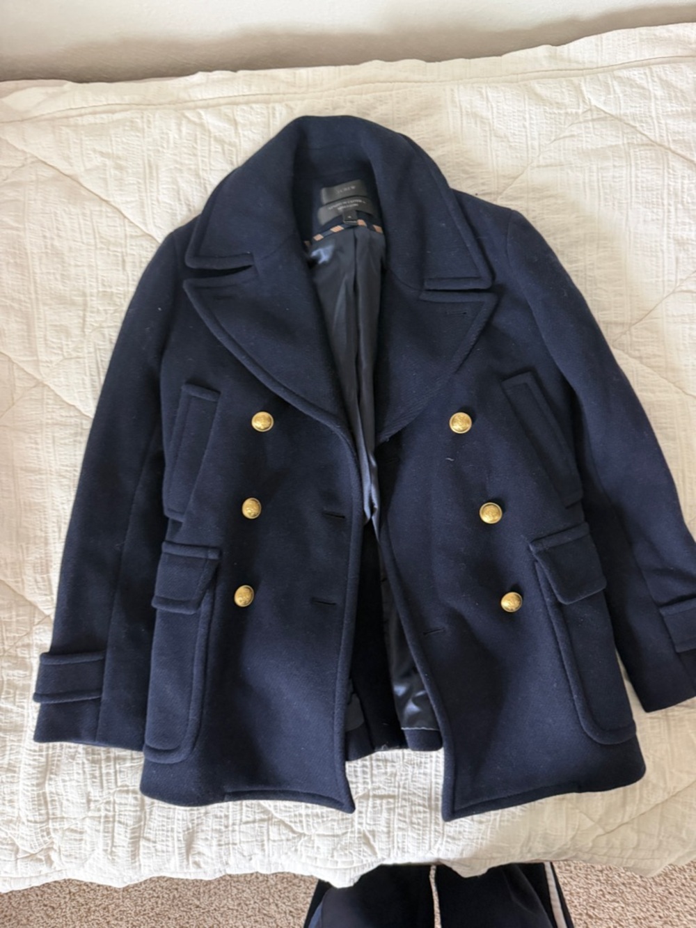 J. Crew Navy Blue Double-Breasted Wool Peacoat with Gold Buttons